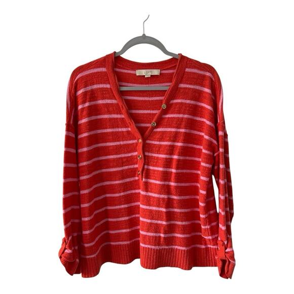 LOFT Sweater Womens XL Pink Striped Button Henley Knit Slouchy Beachy Summer - Picture 2 of 16